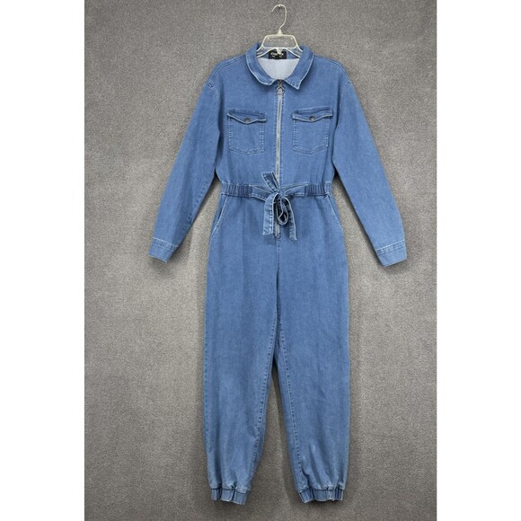 C'est Toi Pants - C'est Toi Jumpsuit Womens Large Denim Long Sleeve Zip‎ Up Belted Elastic Waist